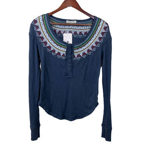 Free People Fairisle Thermal Henley Gray Top Sz S Split Cuff